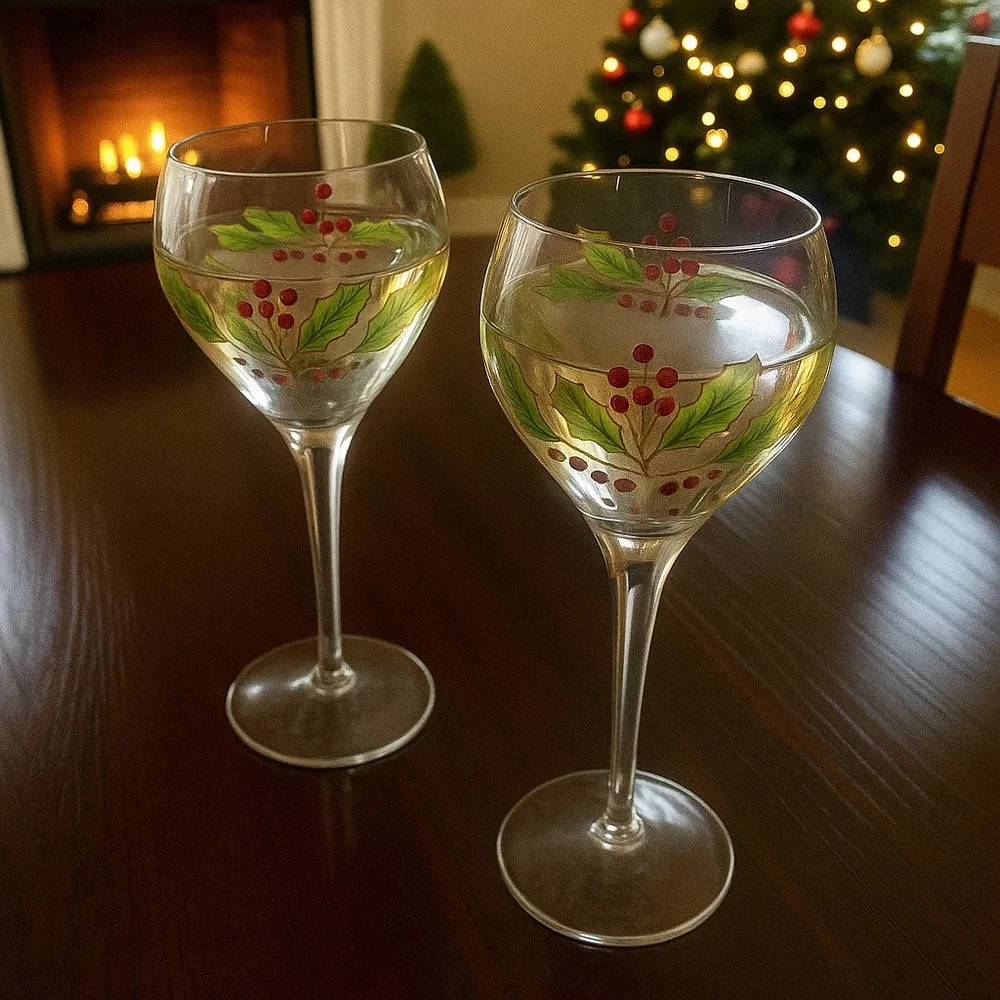 Holly Berry Glass Decanter Set Stopper 2 Goblets Holiday Bareware Hostess